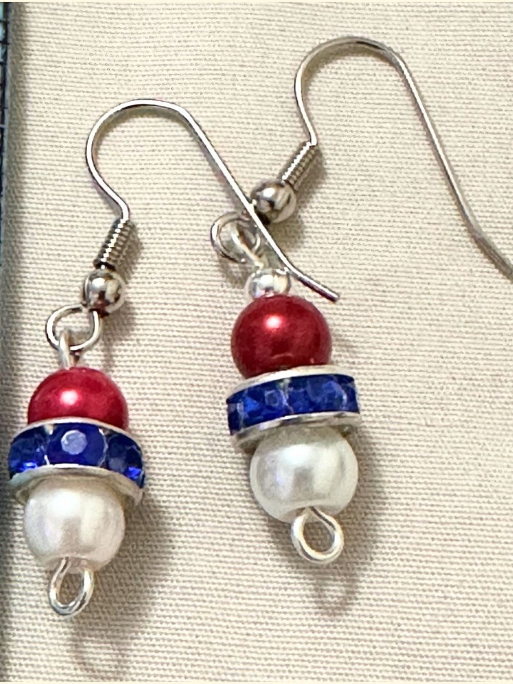 Handmade Patriotic Red White Blue Bead Dangle Stainless Steel Earrings Americana